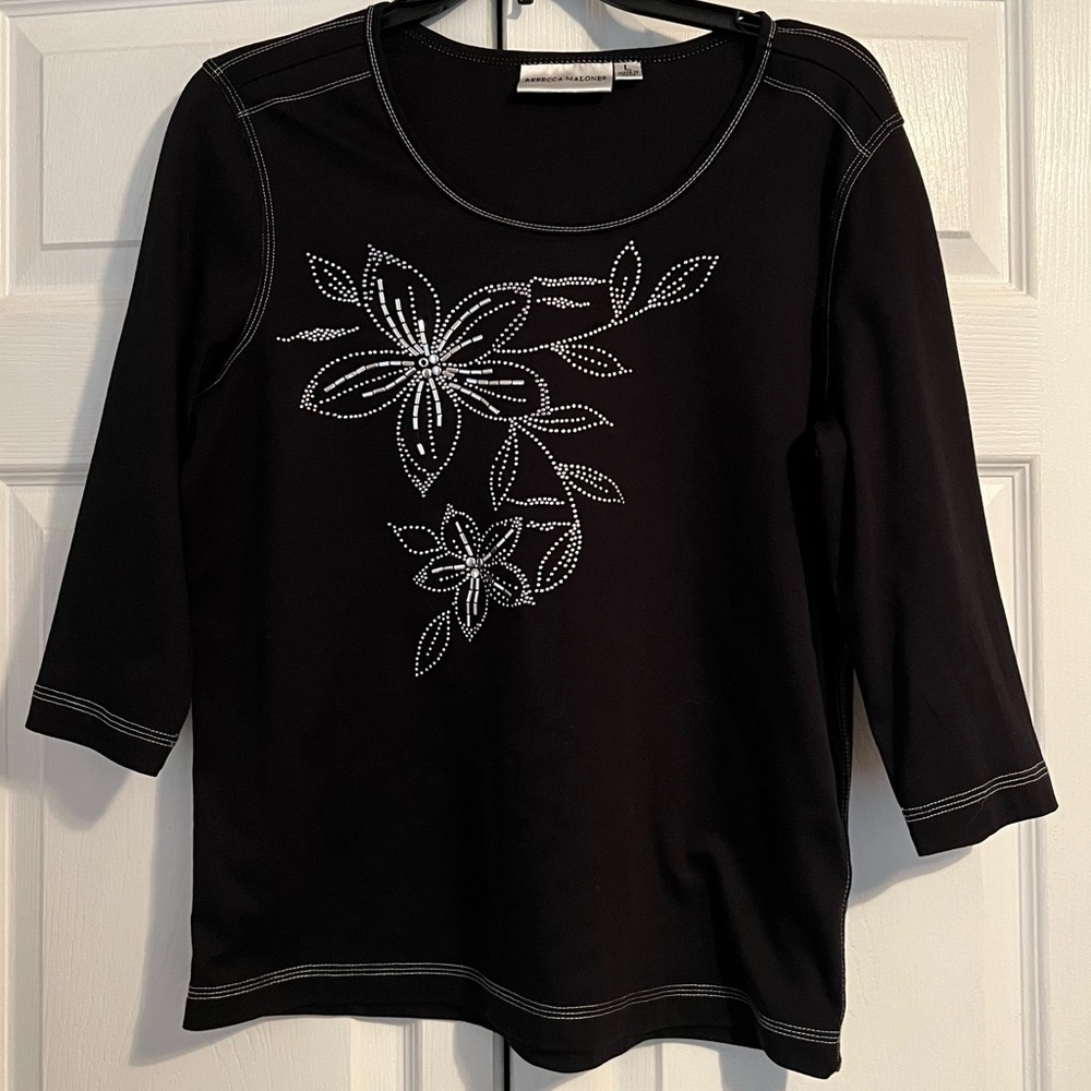 Rebecca Malone Beaded Flower Blouse Size Large